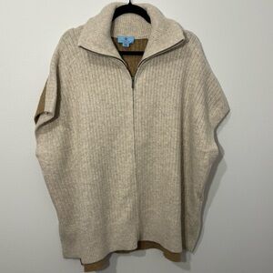 CeCe Ribbed Knit Zip Poncho Cape Sweater Women’s Medium – Neutral Tan/Beige